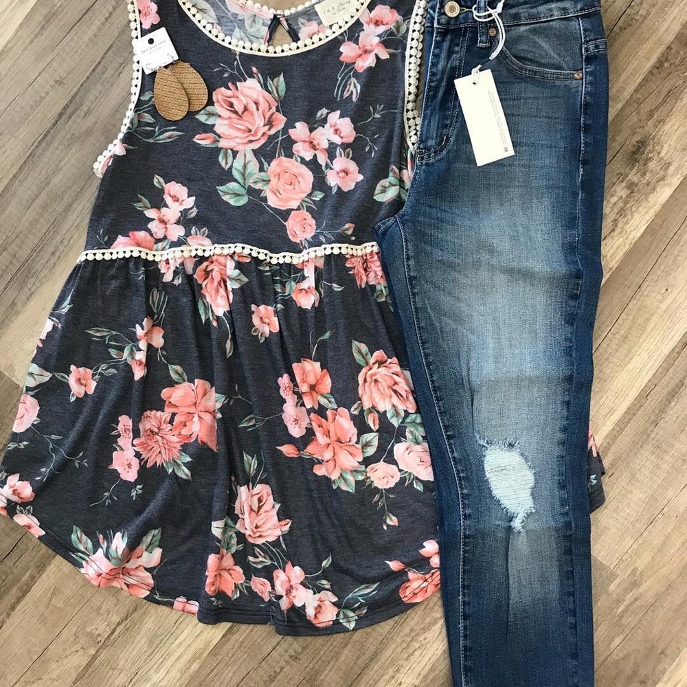 Navy floral babydoll swing tank NEW Boutique